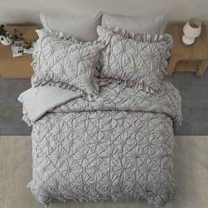 Queen Size Bed Comforter Set Gray Ruffle Grey Shabby Cottage Chic Bedding New